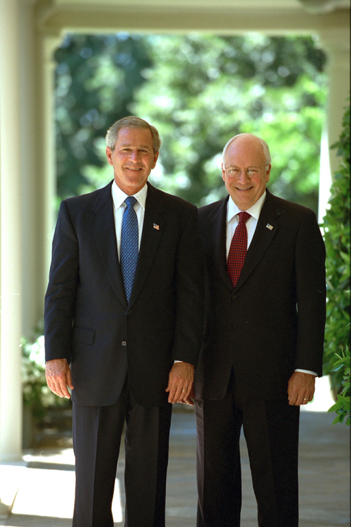 President George W. Bush and Vice President Dick Cheney on the Colonnade outside the Oval Office, July 17, 2003, at the White House. (P32295-19)