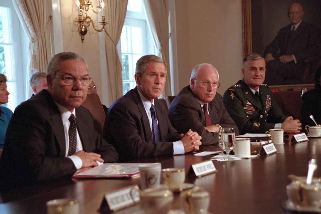 President George W. Bush talks with the media, September 12, 2001, about the previous day's terrorist attacks during a Cabinet meeting at the White House. (P7186-10a)