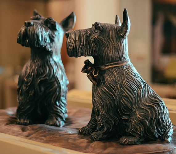 Statues of presidential pups Barney and Miss Beazley on display in the George W Bush museum