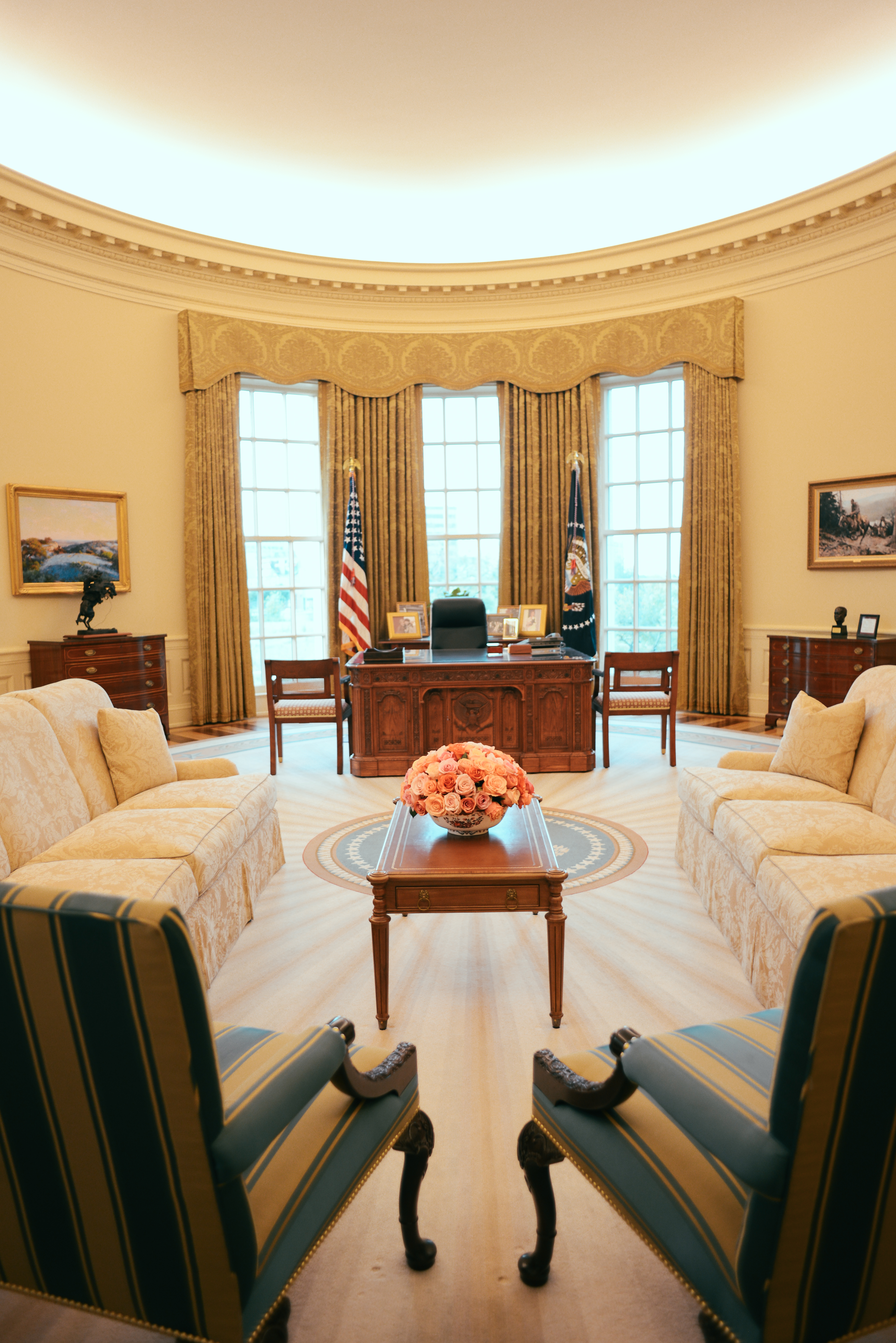 A full-size replica of the President's Oval Office, vertical (portrait) view
