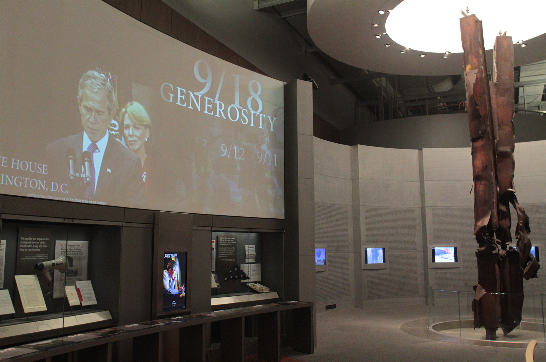 Second image of the display screens and steel beam in the September 11th exhibit.