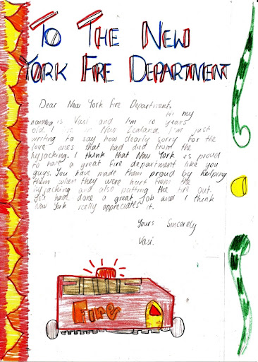 This letter and drawing from a child in New Zealand to the New York Fire Department represents the many letters that offered support and recognized the heroic efforts of the first responders.