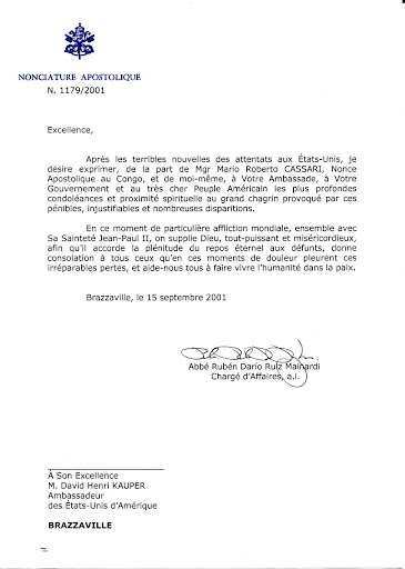 Abbe Ruben Dario Ruiz Mainardi, representative of the Holy See in Brazzaville, sends this letter to the United States Ambassador to the Democratic Republic of the Congo.